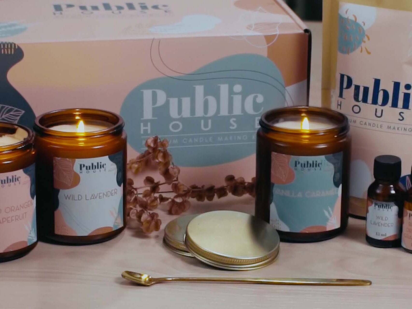 A product shot of the Public House candle building kit