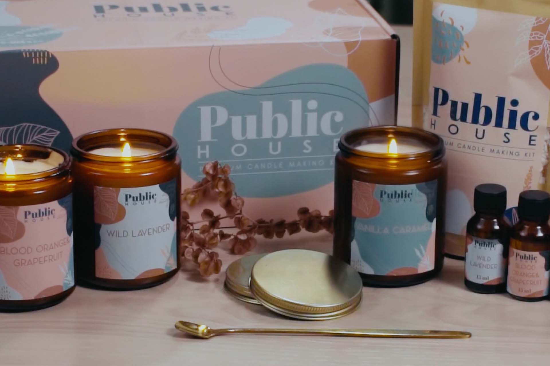 A product shot of the Public House candle building kit
